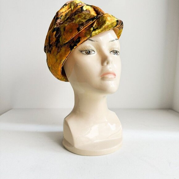 Vintage Custom Made Floral Orange Brown Gold Lurex Pill Box Hat M - Picture 9 of 11